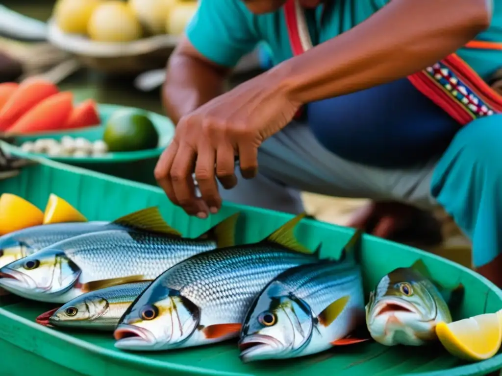 Un pescador Maya examina con cuidado pescado fresco en un mercado costero