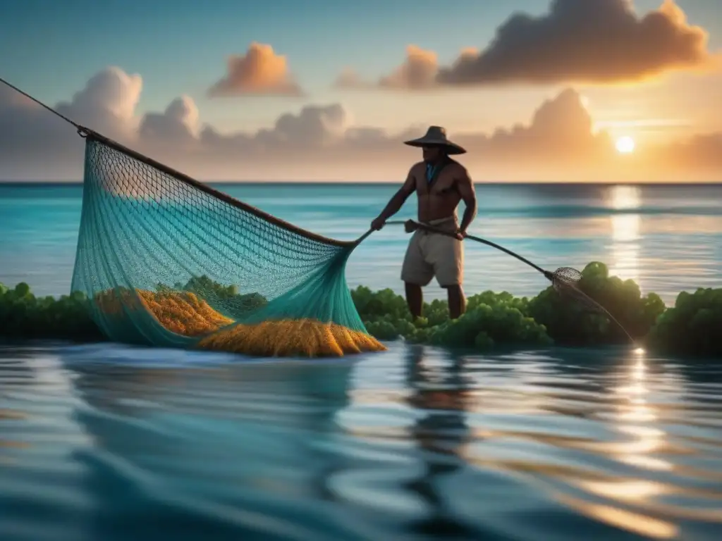 Un pescador maya lanza su red al amanecer en el mar Caribe, mostrando la importancia de la pesca en la dieta costera Maya