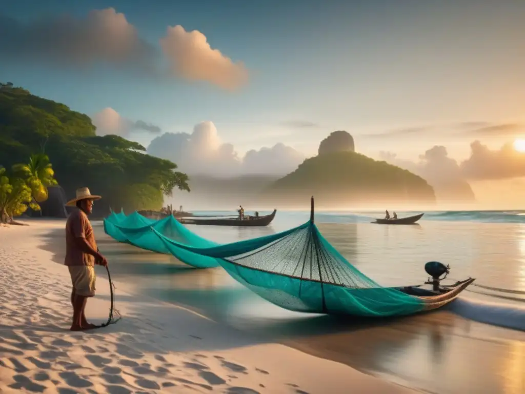 Un pescador maya prepara su red minuciosamente al amanecer en la playa