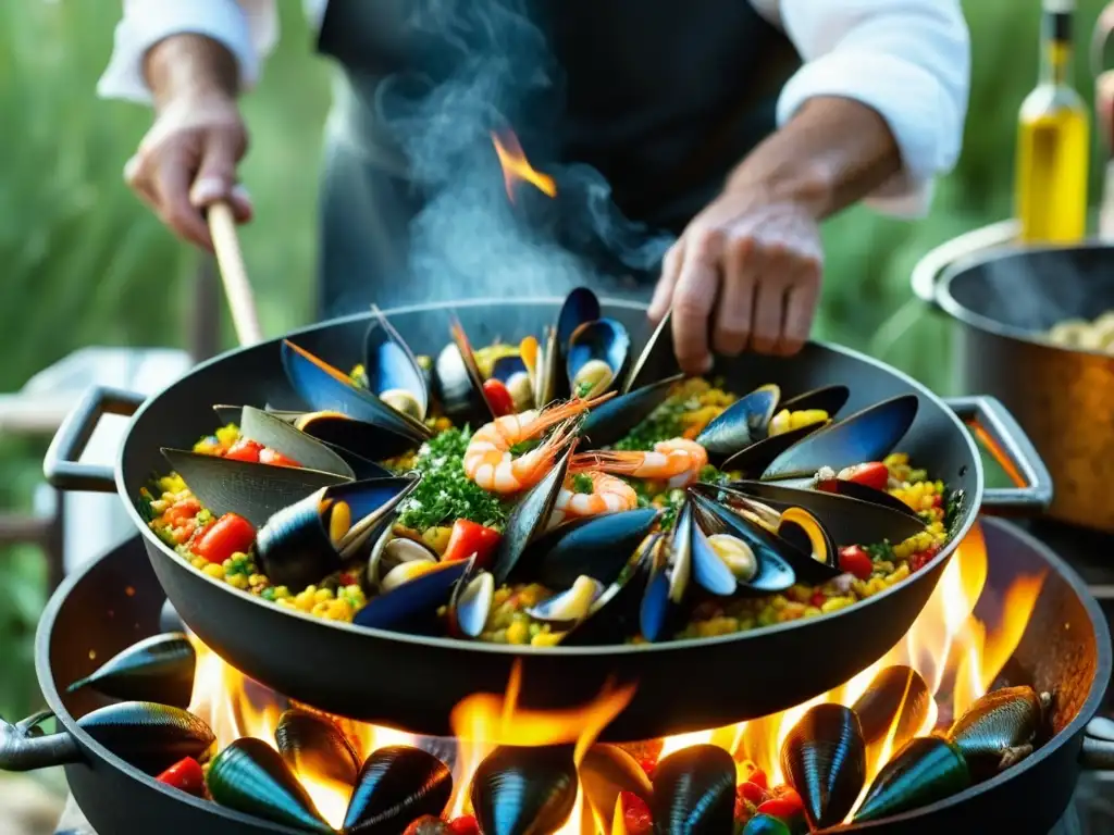 El pescador mediterráneo prepara una paella marina con ingredientes frescos y coloridos, evocando la historia culinaria marítima