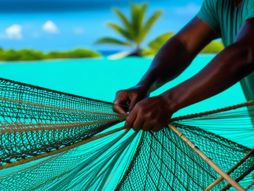 Un pescador micronés teje una red de pesca tradicional con fibras naturales, mostrando las prácticas tradicionales de cultivo pesca en Micronesia