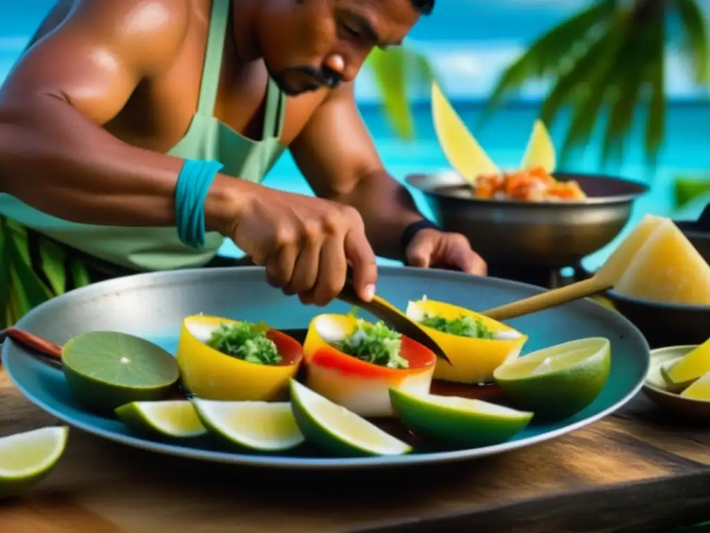 Un pescador micronesio prepara mariscos en la dieta micronesia, mostrando la cultura culinaria