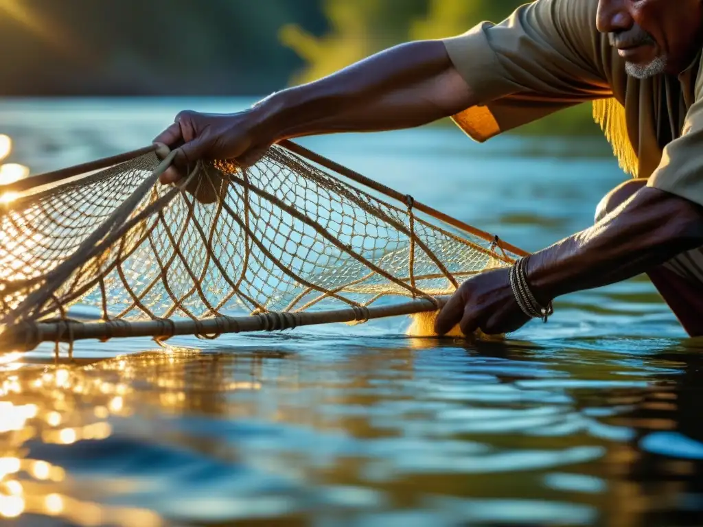 Un pescador nativo americano en acción con su red artesanal, reflejando el Impacto del Intercambio Columbino en Pesca