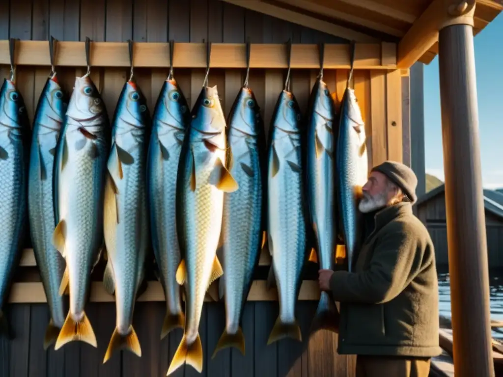 Un pescador nórdico cuelga pescado fresco en racks de madera bajo el sol