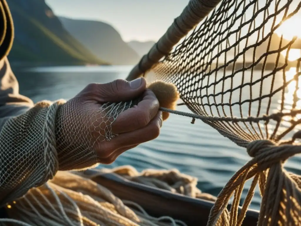 Un pescador repara una red de pesca al amanecer en un fiordo escandinavo, reflejando la pesca sostenible en la cocina escandinava