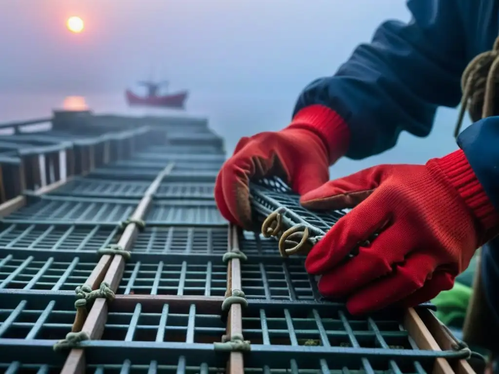 Un pescador examina cuidadosamente trampas de langosta en una mañana brumosa al amanecer, destacando la historia del bogavante americano en Europa