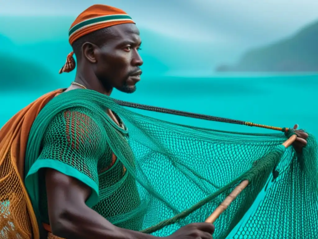 Arte ancestral: pescadores africanos lanzando redes al mar turquesa Pescadores africanos precoloniales lanzando redes en el mar turquesa