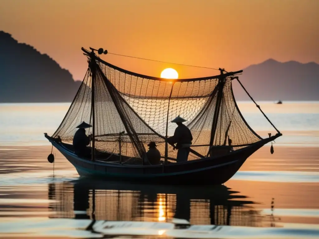 Pescadores expertos en una barca japonesa tradicional capturan peces al amanecer durante la importancia de la pesca en la dieta de la Era Edo