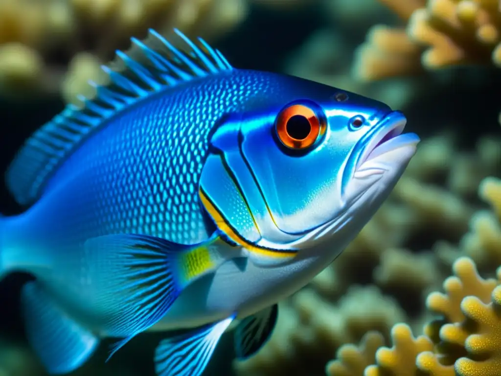 Un pez azul nadando en aguas cristalinas, con escamas brillantes y ojo reflejando el ecosistema marino, evocando armonía y vitalidad