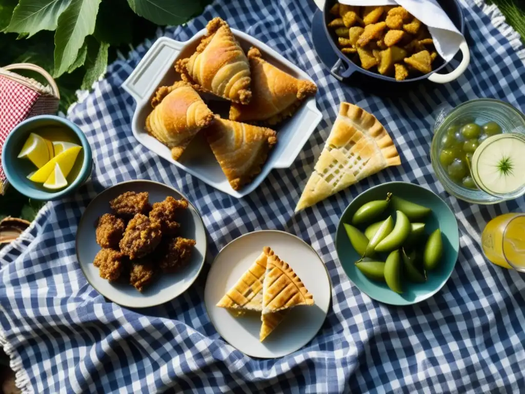 Un picnic detallado del siglo XIX: fried chicken, tartas de frutas, encurtidos y limonada en vidrio vintage bajo robles centenarios