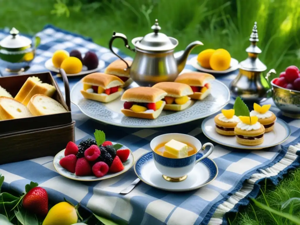 Un picnic victoriano exquisito en una pradera, con vajilla fina y frutas vibrantes