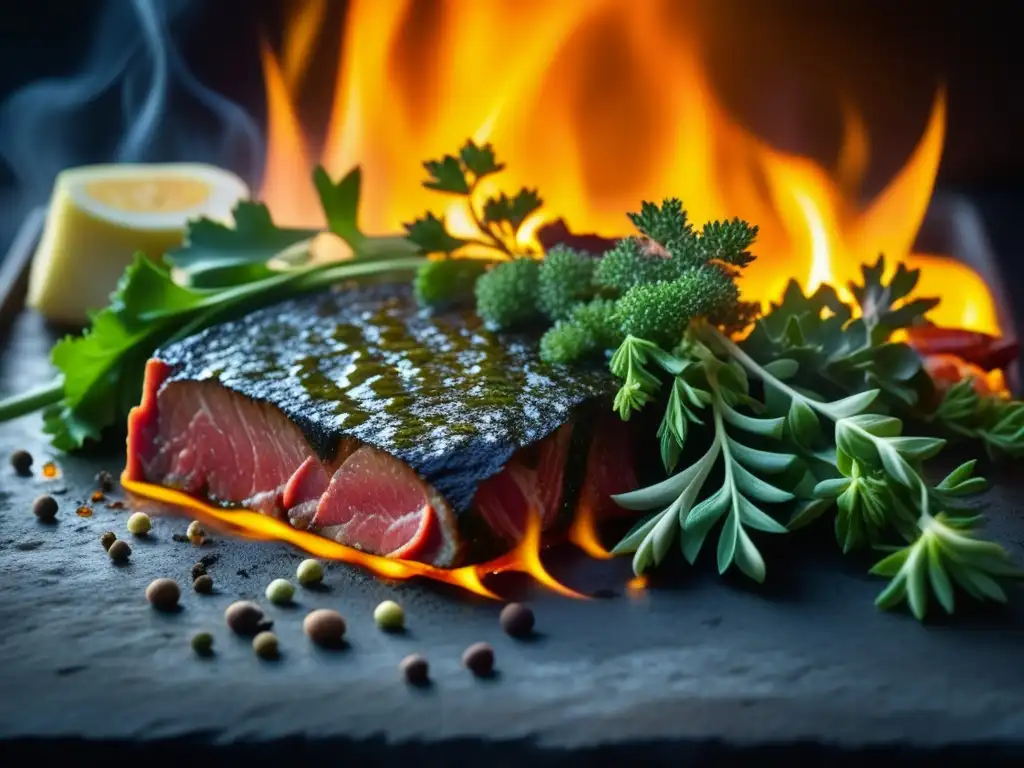 Una piedra caliente sizzling con ingredientes coloridos y humeantes, en cocina sobre piedra caliente