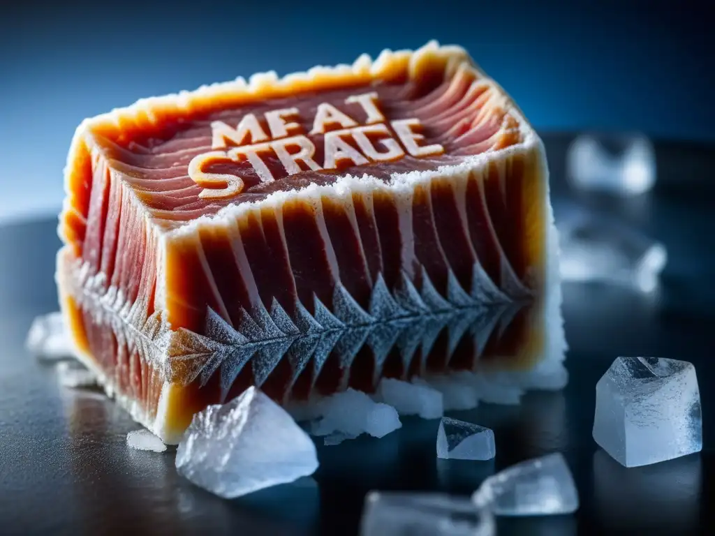 Una pieza de carne perfectamente conservada en hielo, destacando los cristales brillantes