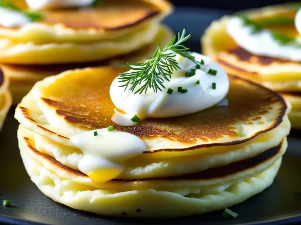 Deliciosos blinis recién cocinados con crema agria y eneldo fresco Una pila de blinis recién cocinados con crema agria y eneldo, evocando la historia de los blinis rusos