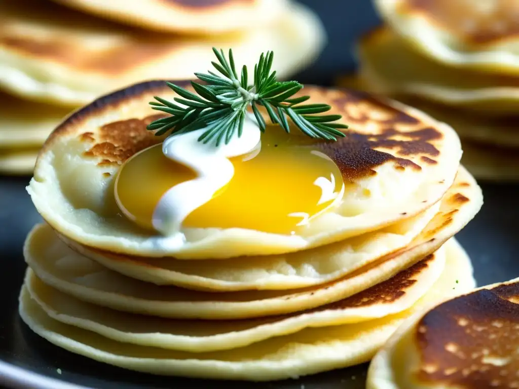 Blinis dorados con crema agria y eneldo fresco: delicia rusa Una pila de blinis rusos dorados y esponjosos con crema agria y eneldo fresco, resaltando la historia de los blinis rusos