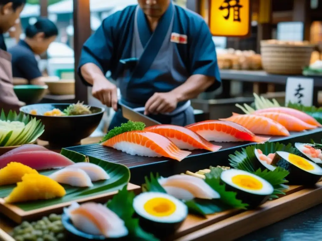 Pilares dieta Era Edo Pescados: Mercado japonés con vibrante pescado fresco y chefs expertos preparando sashimi