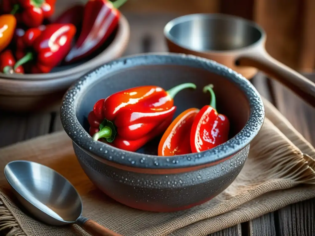 Pimiento ají rojo brillante con gotas de agua, rodeado de utensilios de cocina inca, en una cocina rústica con llama ardiente