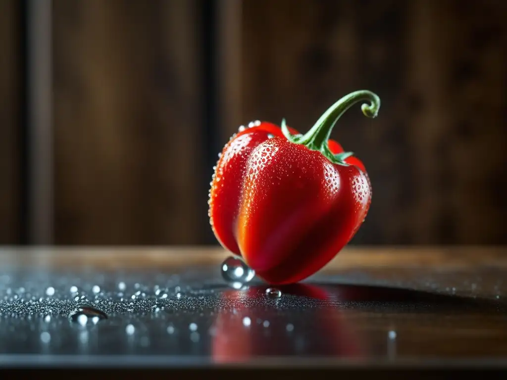 Un pimiento rojo vibrante suspendido en el aire, con gotas de agua brillando en su piel