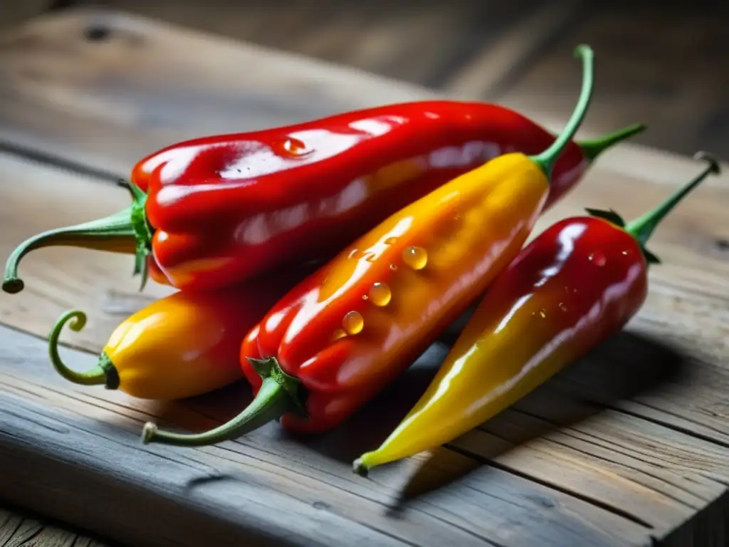 Pimientos Aji Amarillo rojos sobre mesa de madera, frescos y brillantes