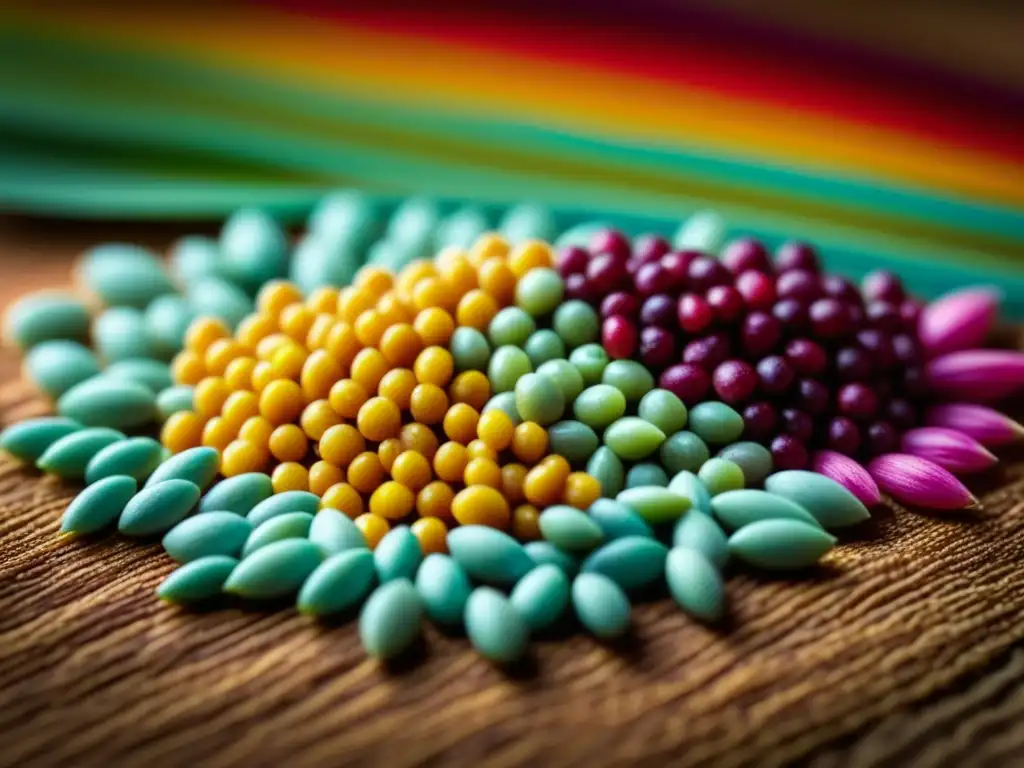 Pintura culinaria Inca en Andes: Quinua peruana colorida dispuesta en patrón tradicional, iluminada con luz natural