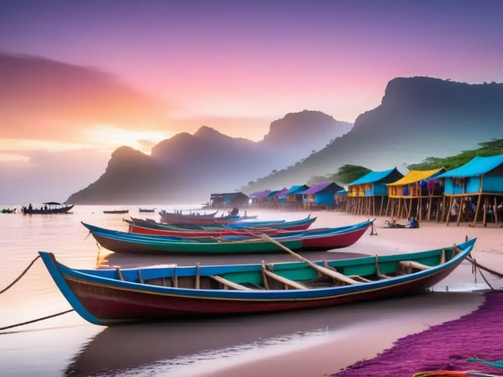 Pintoresco pueblo costero africano al amanecer: pescadores preparando sus barcos para la pesca en un detalle ultradetallado Pintura detallada de una aldea costera africana al amanecer, pescadores arreglando botes de madera coloridos