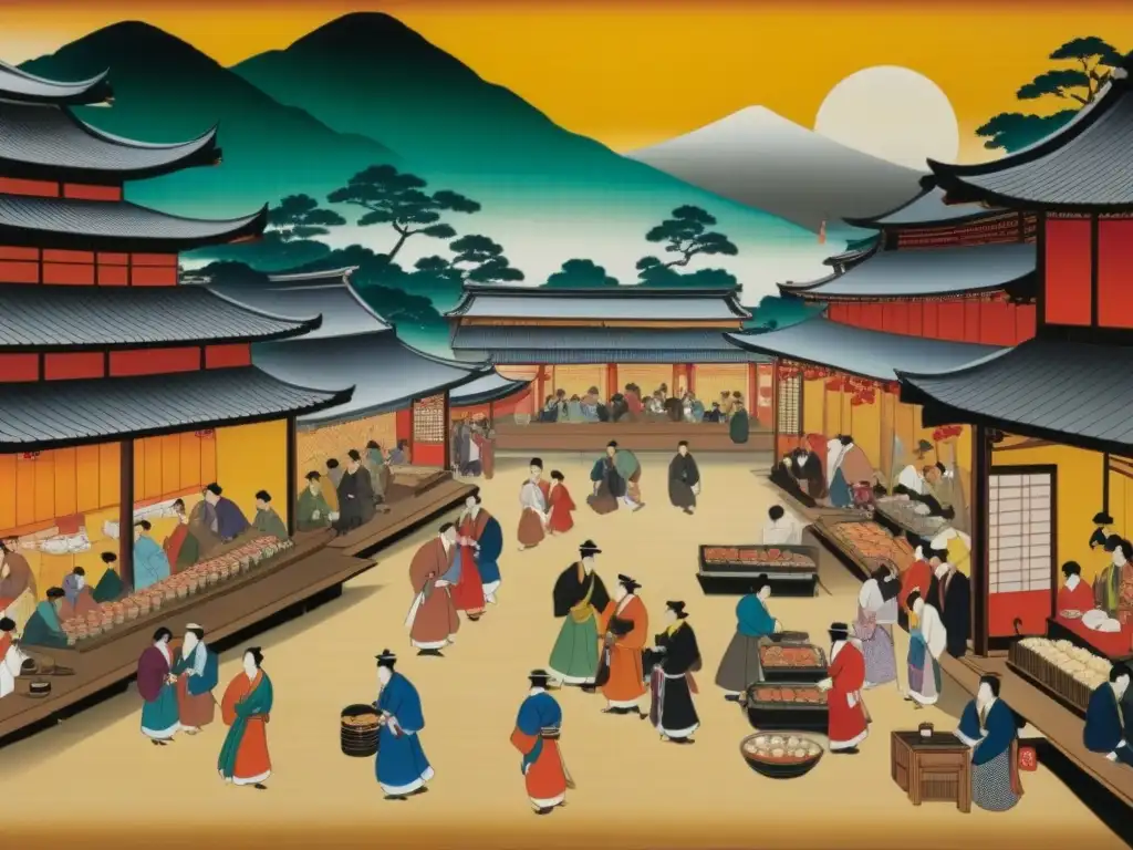 Pintura detallada de un festival Heian con puestos de sushi, mochi y sake