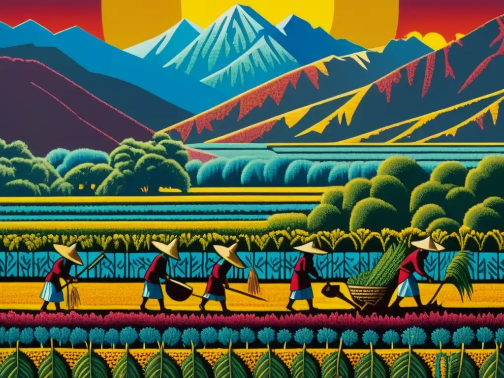 Pintura detallada de mosaico precolombino con agricultores cosechando quinua y amaranto bajo el sol dorado, rodeados de campos exuberantes y patrones incas, capturando la esencia de la rica herencia agrícola de las Américas con super alimentos américas precolomb