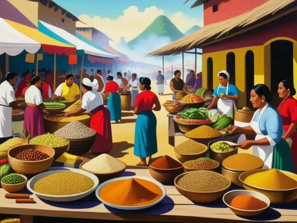 Pintura detallada y vibrante de un bullicioso mercado de la época virreinal, fusionando culturas a través de la gastronomía