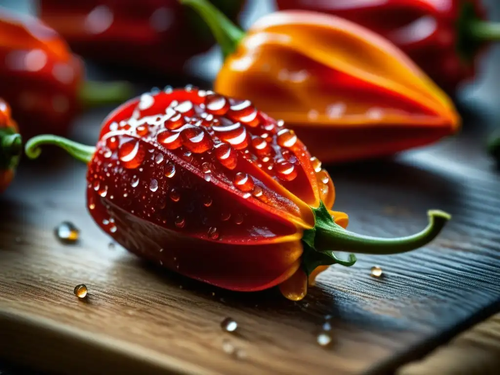 Un piri piri rojo brillante, con gotas de agua, sobre tabla de madera rústica