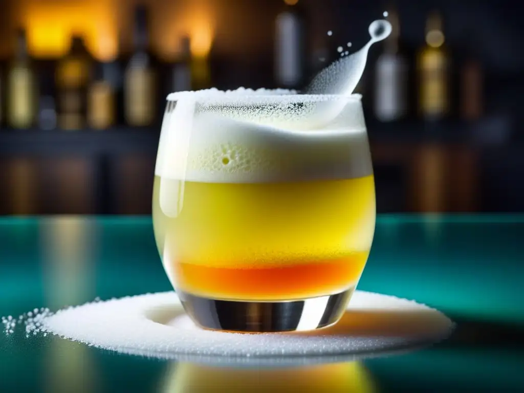 Un Pisco Sour perfectamente elaborado con capas detalladas en un entorno moderno y elegante