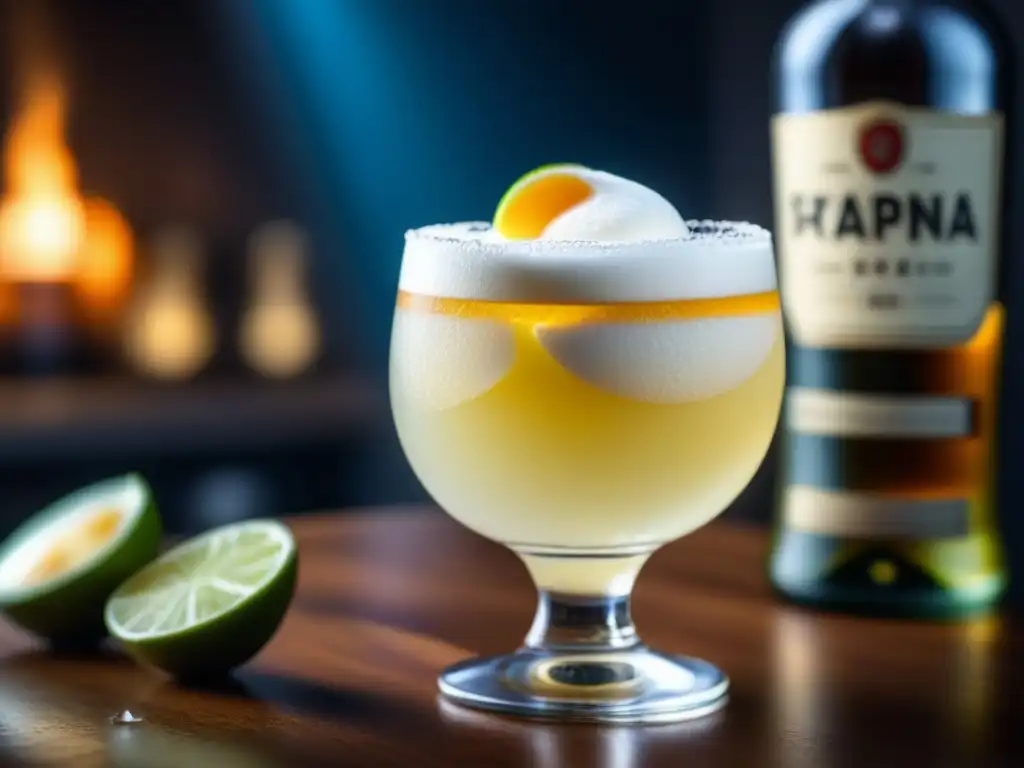 Un Pisco Sour perfectamente elaborado, con espuma blanca, gotas de angostura y lima fresca