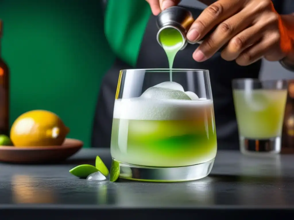 Un pisco sour peruano se prepara con destreza: exprimiendo lima fresca sobre hielo