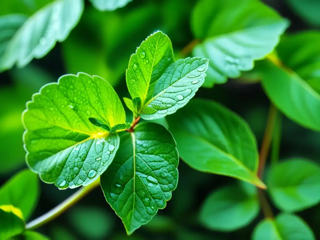 Planta histórica con poder antioxidante: Detalle de hojas frescas de menta con gotas de agua, resplandeciendo al sol