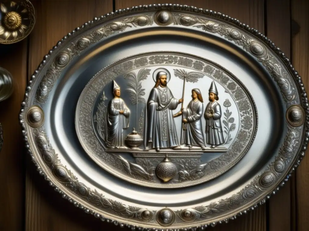 Plato de plata del siglo XV: detalles históricos y florales Platillo de plata del Siglo XV con grabados históricos y motivos florales, en mesa de madera