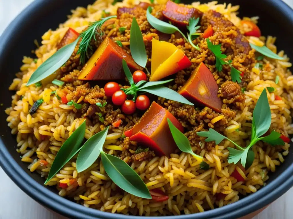 Un plato de jollof arroz africano con historia: colorido, aromático y tradicional en una olla de barro rústica