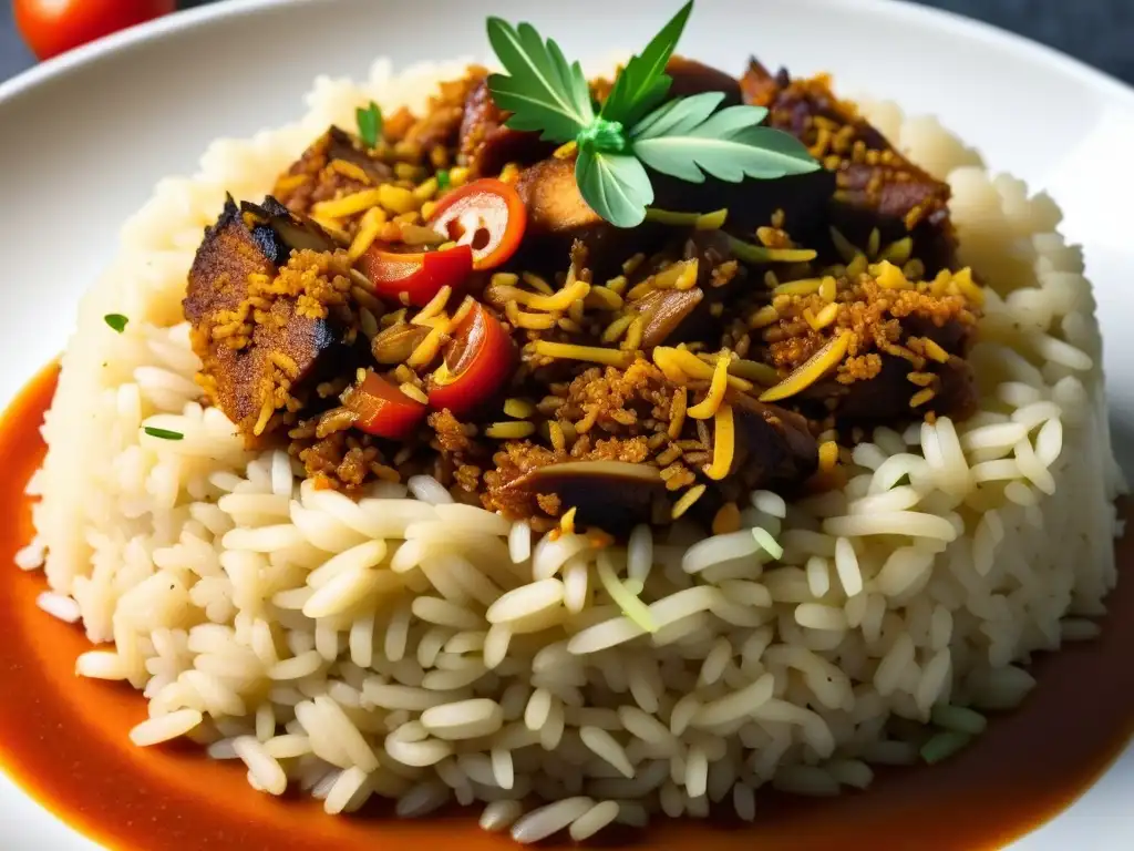 Un plato africano con historia: Detalle vibrante y colorido de un exquisito jollof rice, cada grano de arroz brilla con sabor