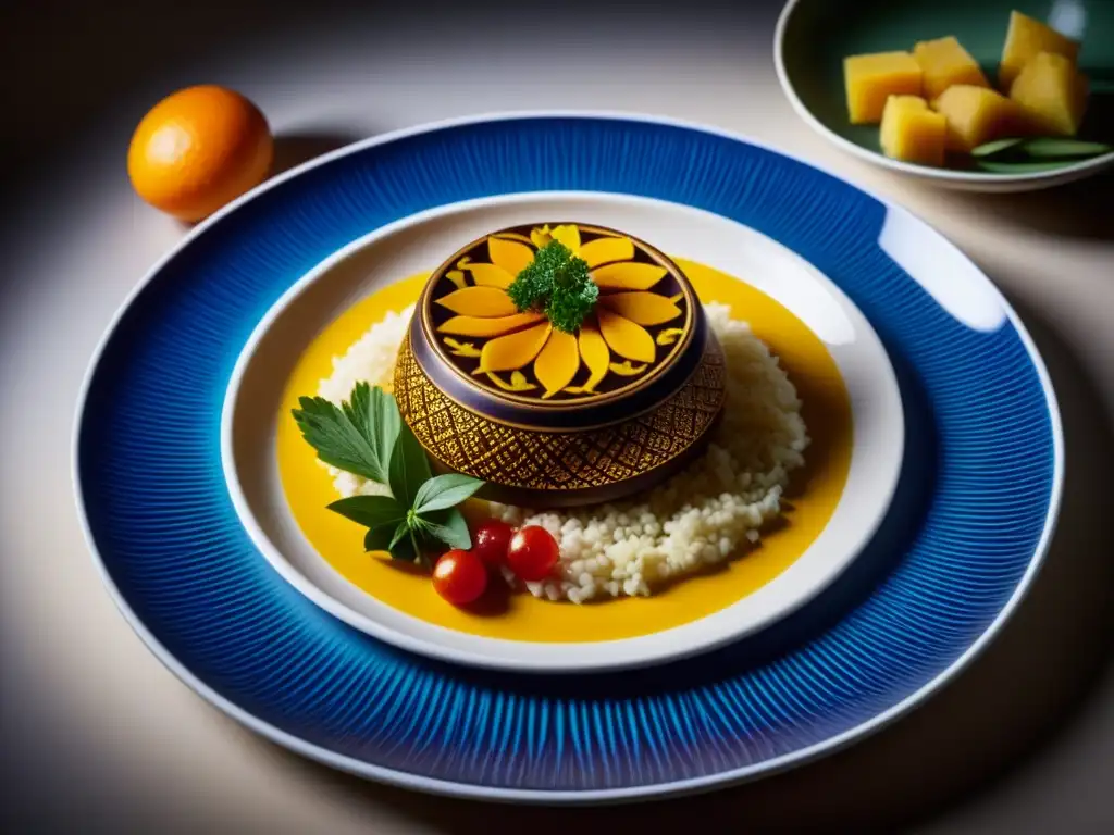 Un plato africano con influencia colonial, detallado y colorido en una presentación elegante y vintage