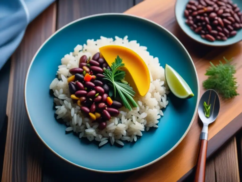 Un plato de arroz y frijoles caribeños, detallado y colorido en una presentación fresca