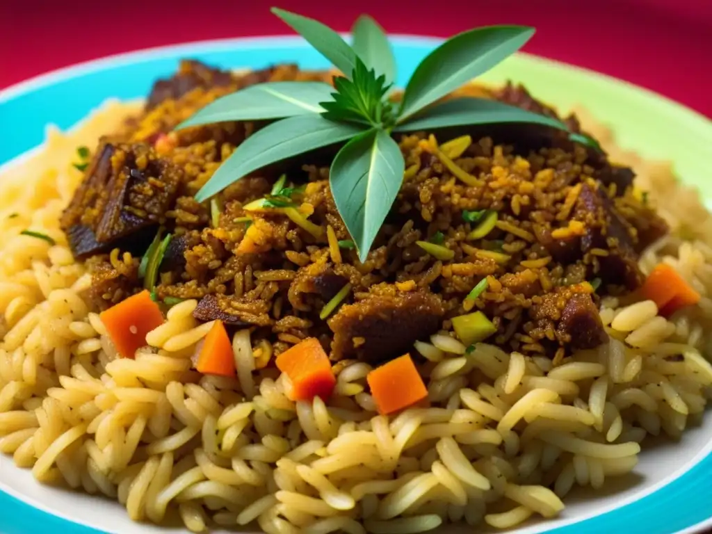 Un plato de arroz Jollof, con raíces africanas en cocina americana, ricamente decorado y aromático