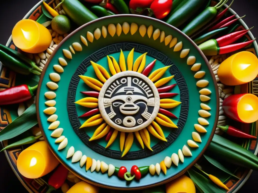 Un plato azteca ceremonial detallado, con símbolos de dioses solares y abundancia agrícola