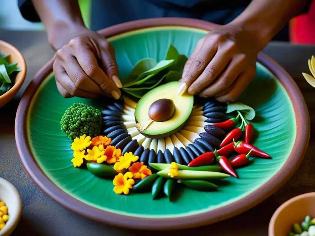 Un plato azteca tradicional lleno de colores y texturas, evocando la riqueza cultural y técnica culinaria ancestral