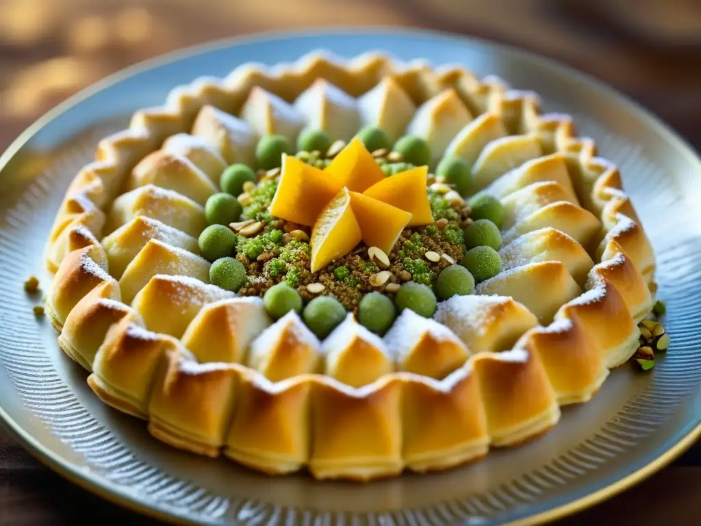 Un plato de Baklavas decorados, bañados en miel y pistachos, reflejando los tonos dorados del sol del desierto