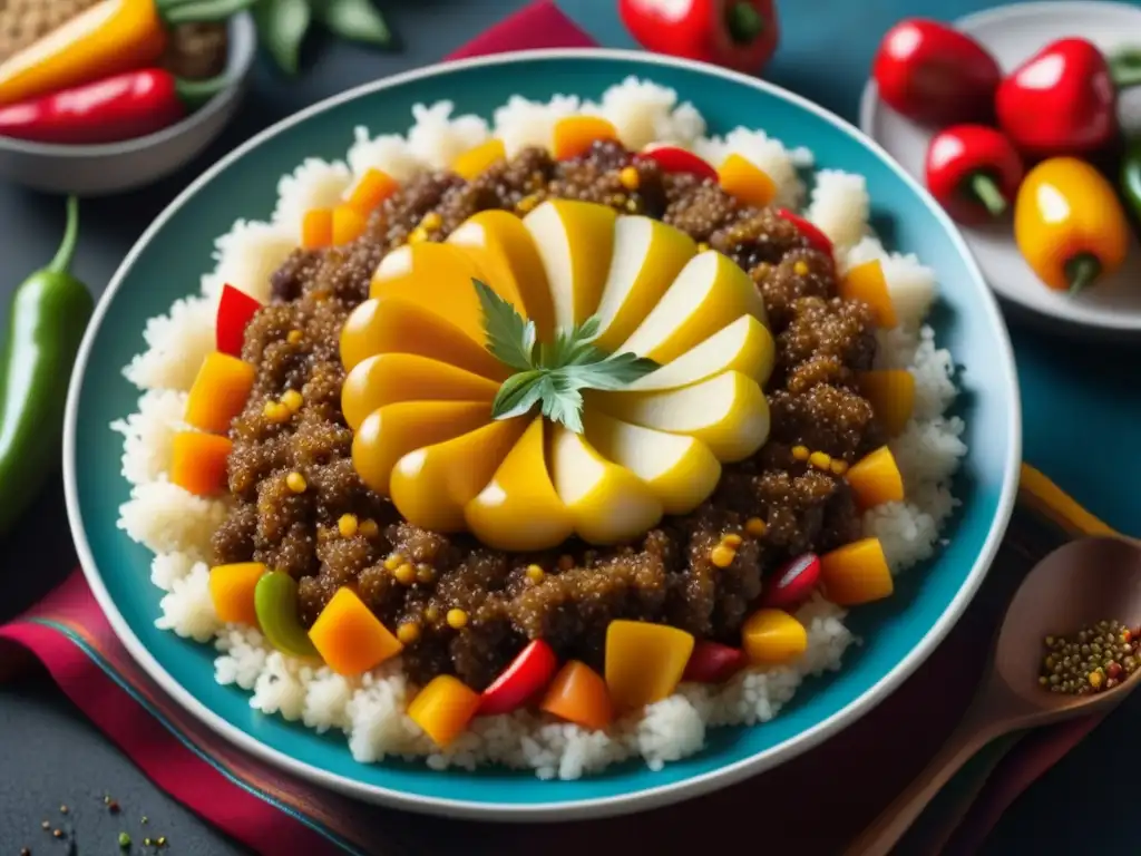 Plato boliviano histórico del Carnaval de Oruro: vibrante y colorido, con ingredientes autóctonos como quinua y papas