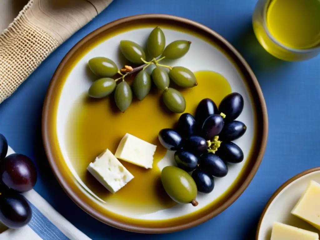 Plato de cerámica con alimentos básicos dieta Antigua Grecia: aceitunas, queso feta, uvas, higos y panal, resaltando colores y texturas