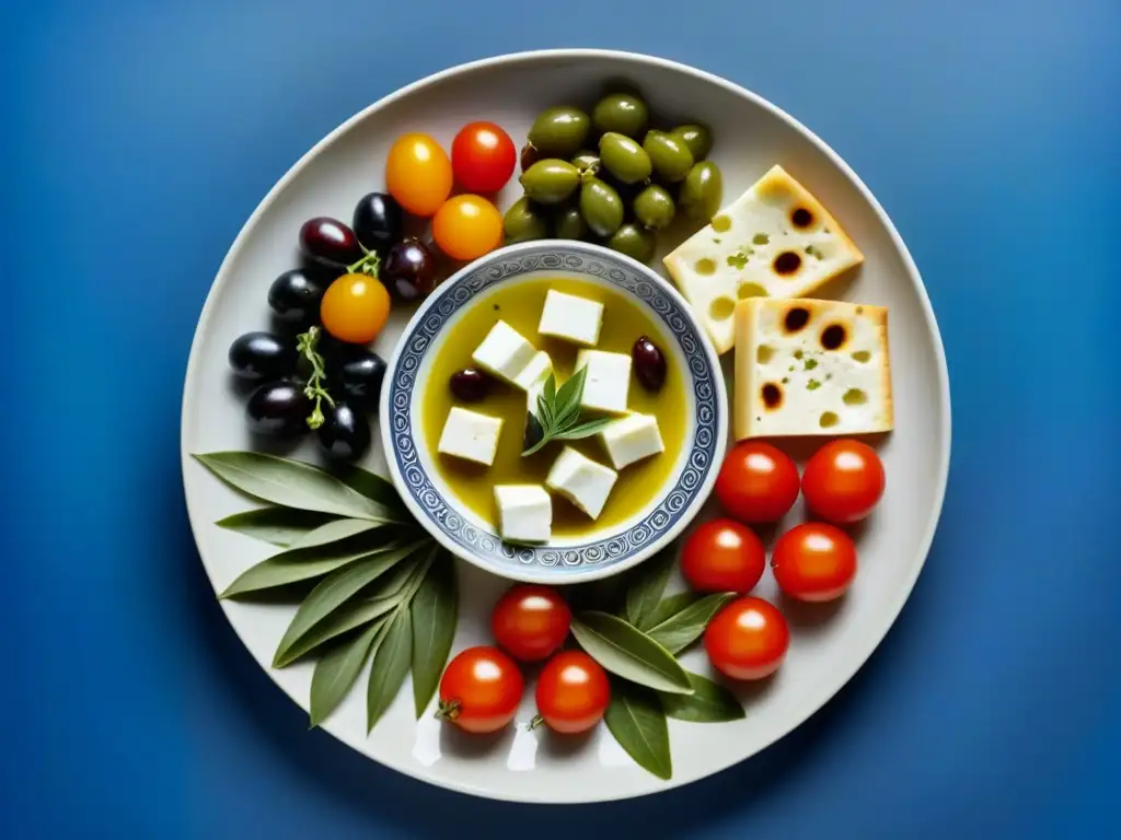 Plato de cerámica con delicias de la gastronomía de Grecia antigua, como feta, tomate, aceitunas y hojas de parra