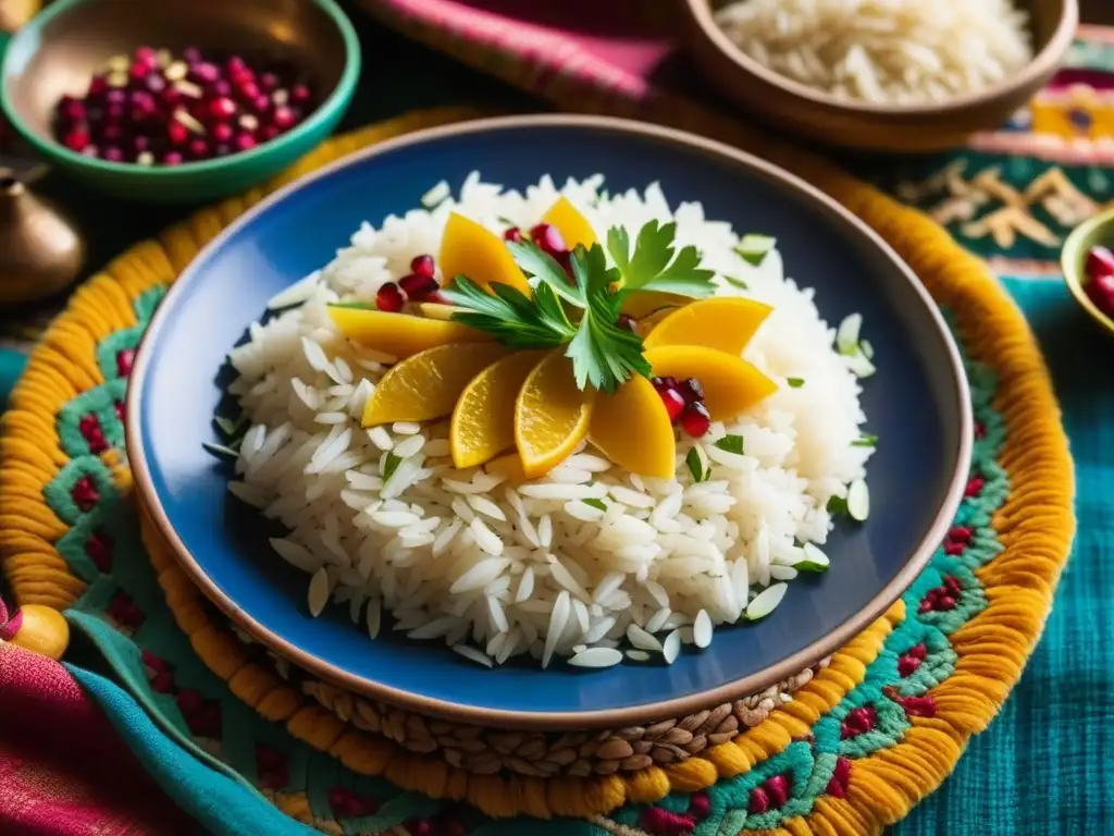 Un plato de cerámica persa lleno de arroz Basmati, almendras, granada y perejil en un mercado iraní