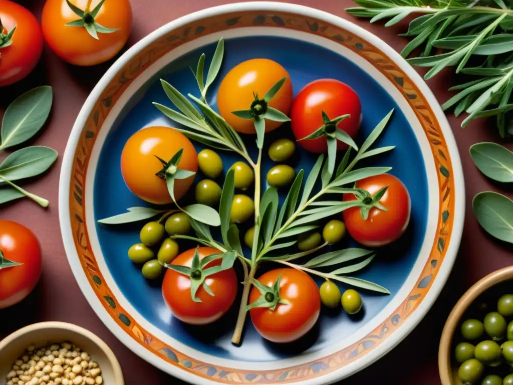 Plato cerámico griego con ingredientes coloridos y detallados, representando recetas históricas para la salud mental en la Antigua Grecia