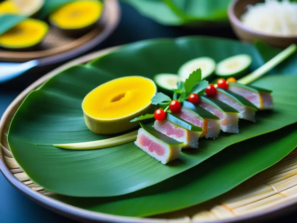 Un plato de Cocina Mon que resalta la diversidad gastronómica de Tailandia con sus coloridos ingredientes y presentación exquisita