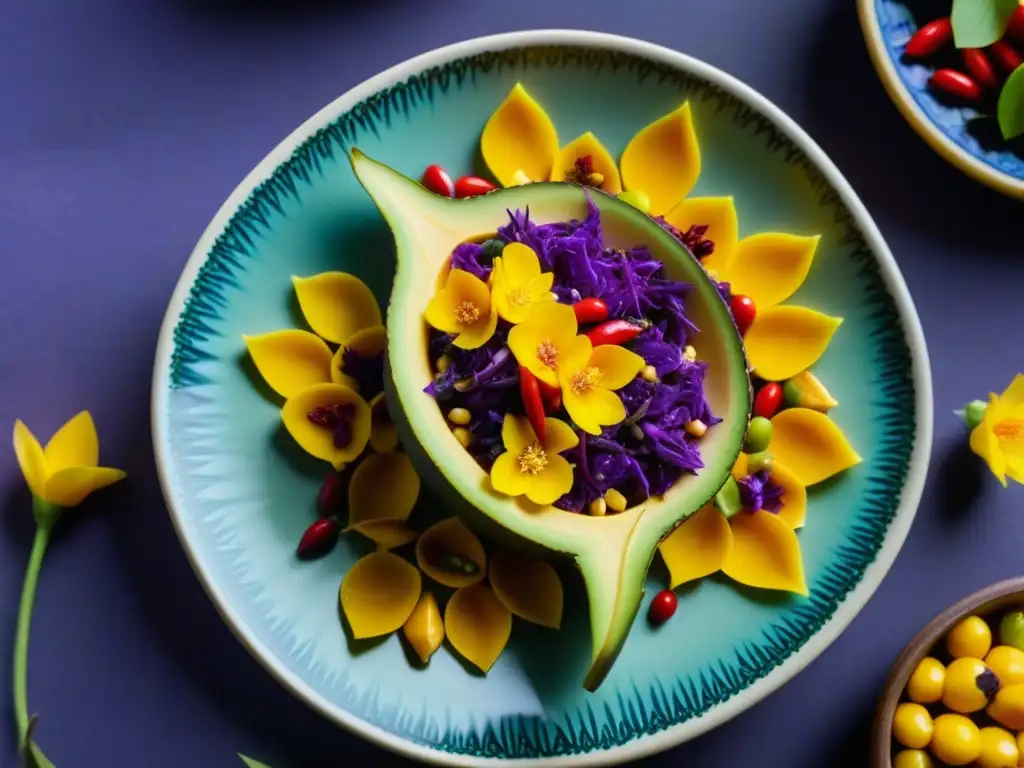 Plato mexicano contemporáneo en plato maya Un plato contemporáneo con influencia prehispánica, lleno de colores y sabores vibrantes en una cerámica maya