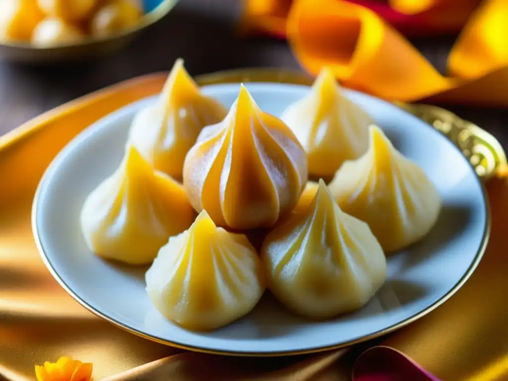 Un plato decorado con dulces tradicionales de Janmashtami como modak frito, kheer y puris dorados, sobre una mesa de madera